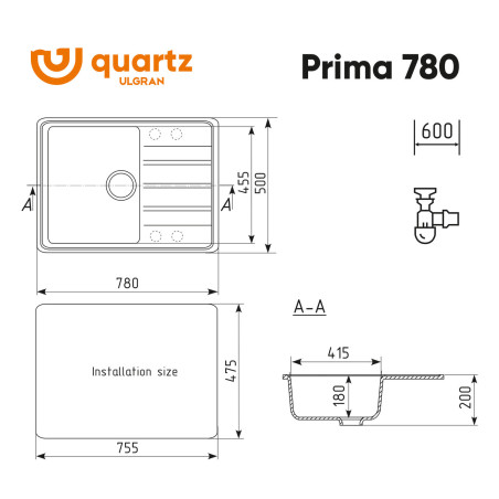 Мойка ULGRAN Quartz Prima 780-10 песок